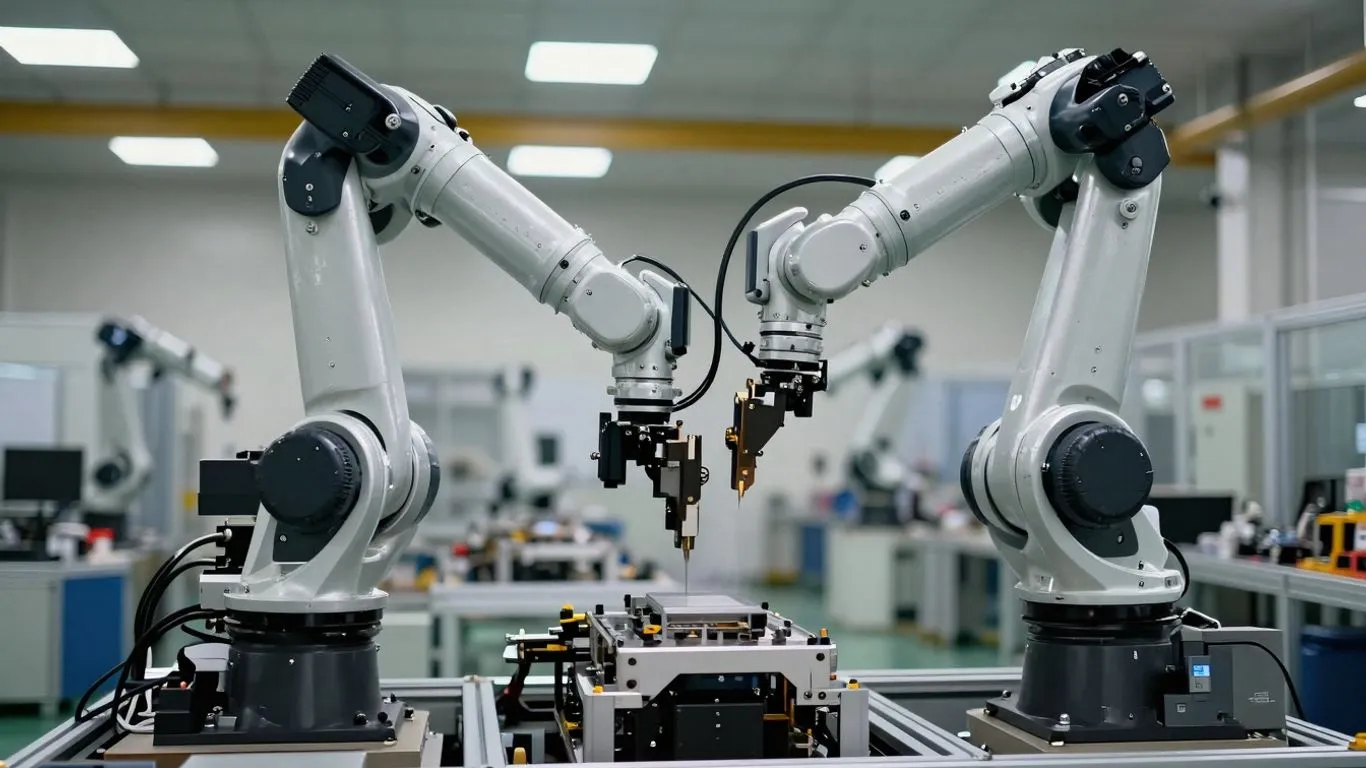 Robotic arm assembling a product on a factory floor.